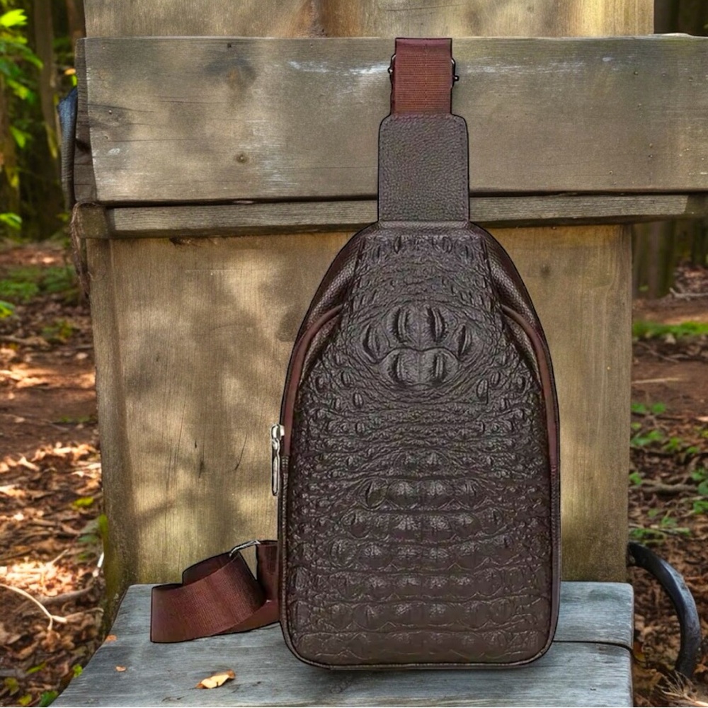 🆕 Crocodile Pattern Men's Chest Bag, Casual Bag, Animal Paw Print Brown